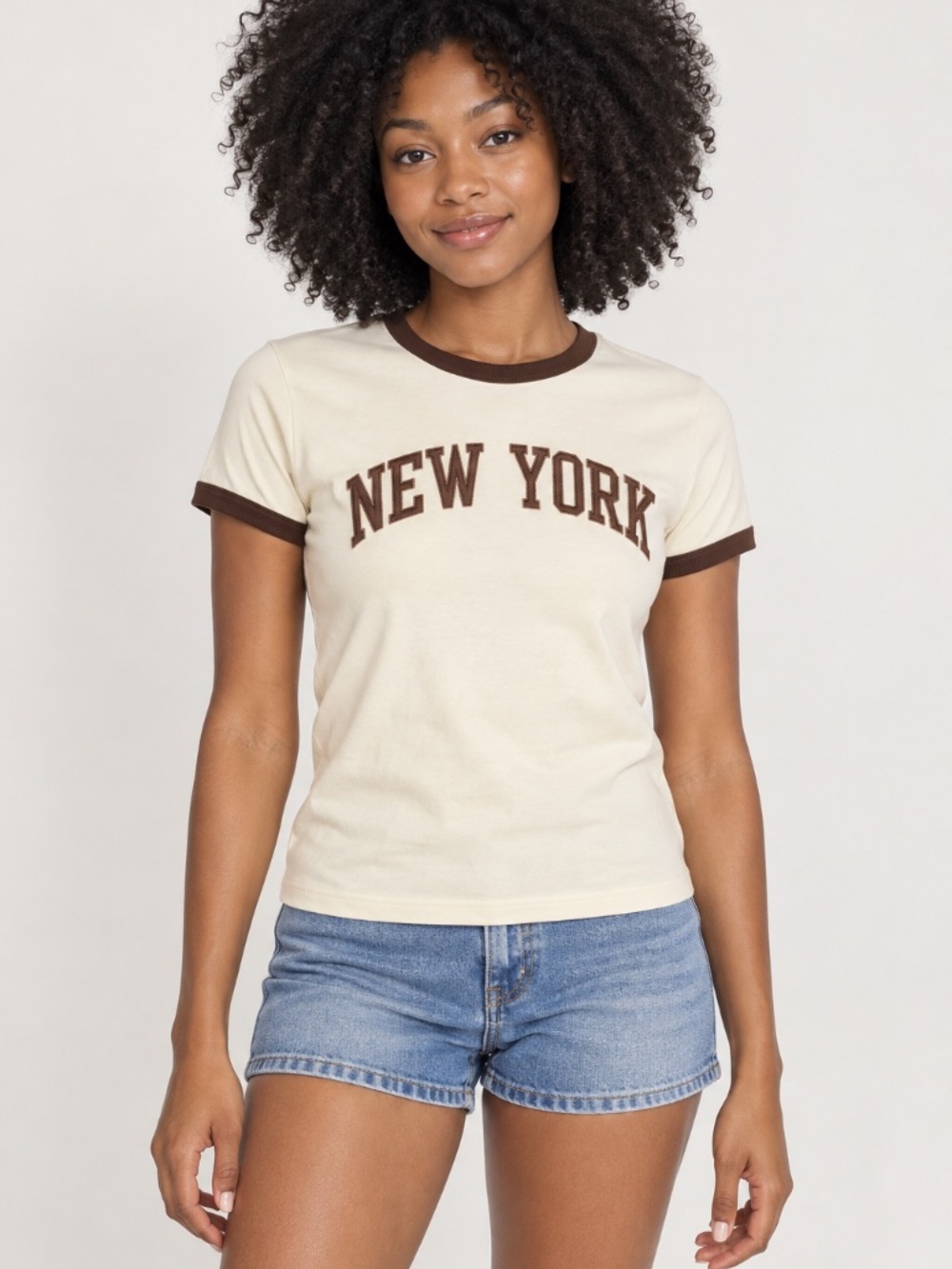 New York Collegiate Graphic Cream Brown Ringer Tee J. Galt Small